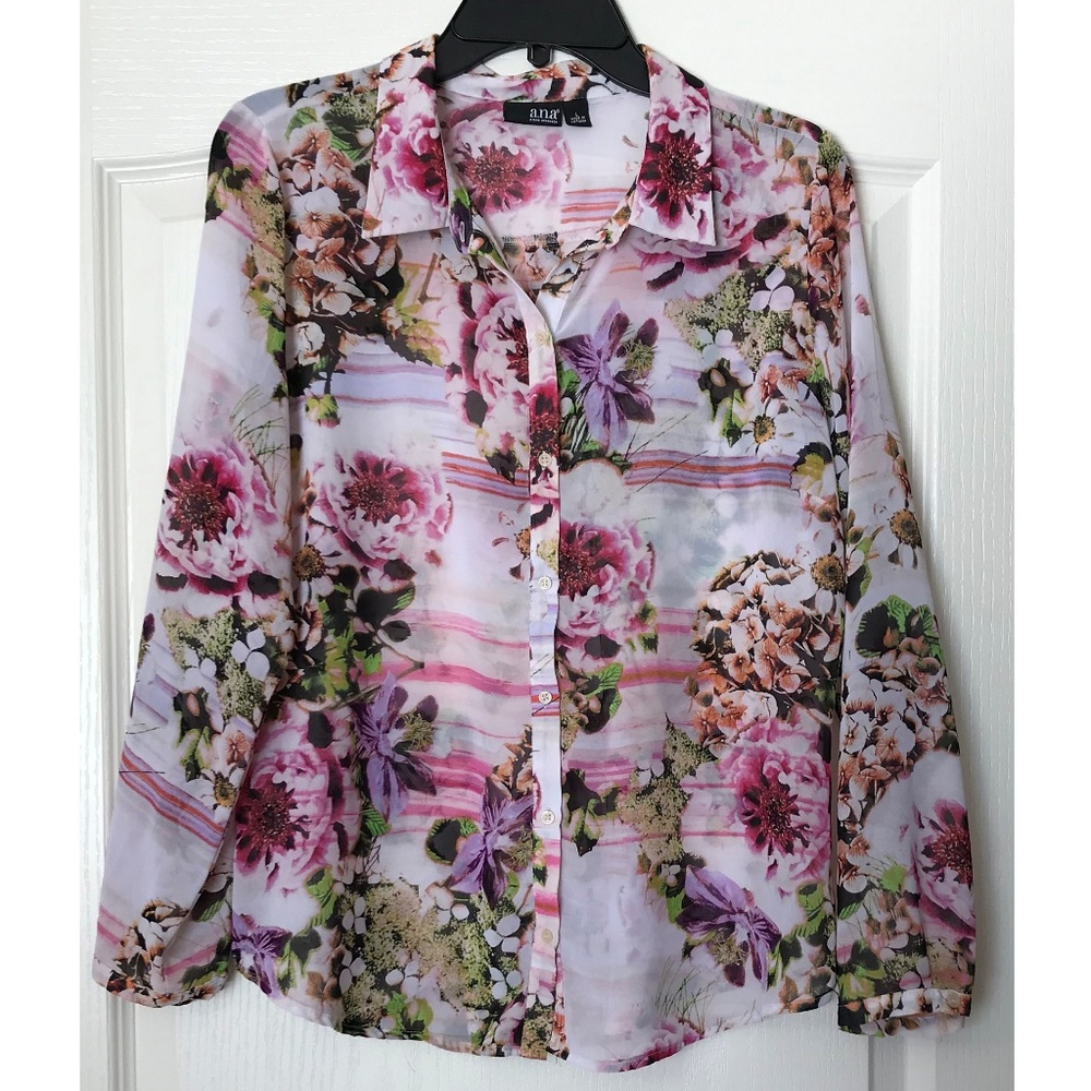 A.N.A Pink Floral Long Sleeve Blouse Top Size L